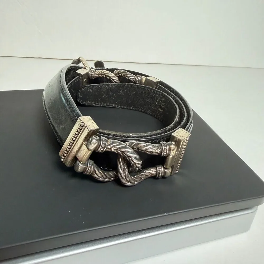 Vintage Talbots Black Leather Belt Silver Tone Knot Buckle Large 1996 Western